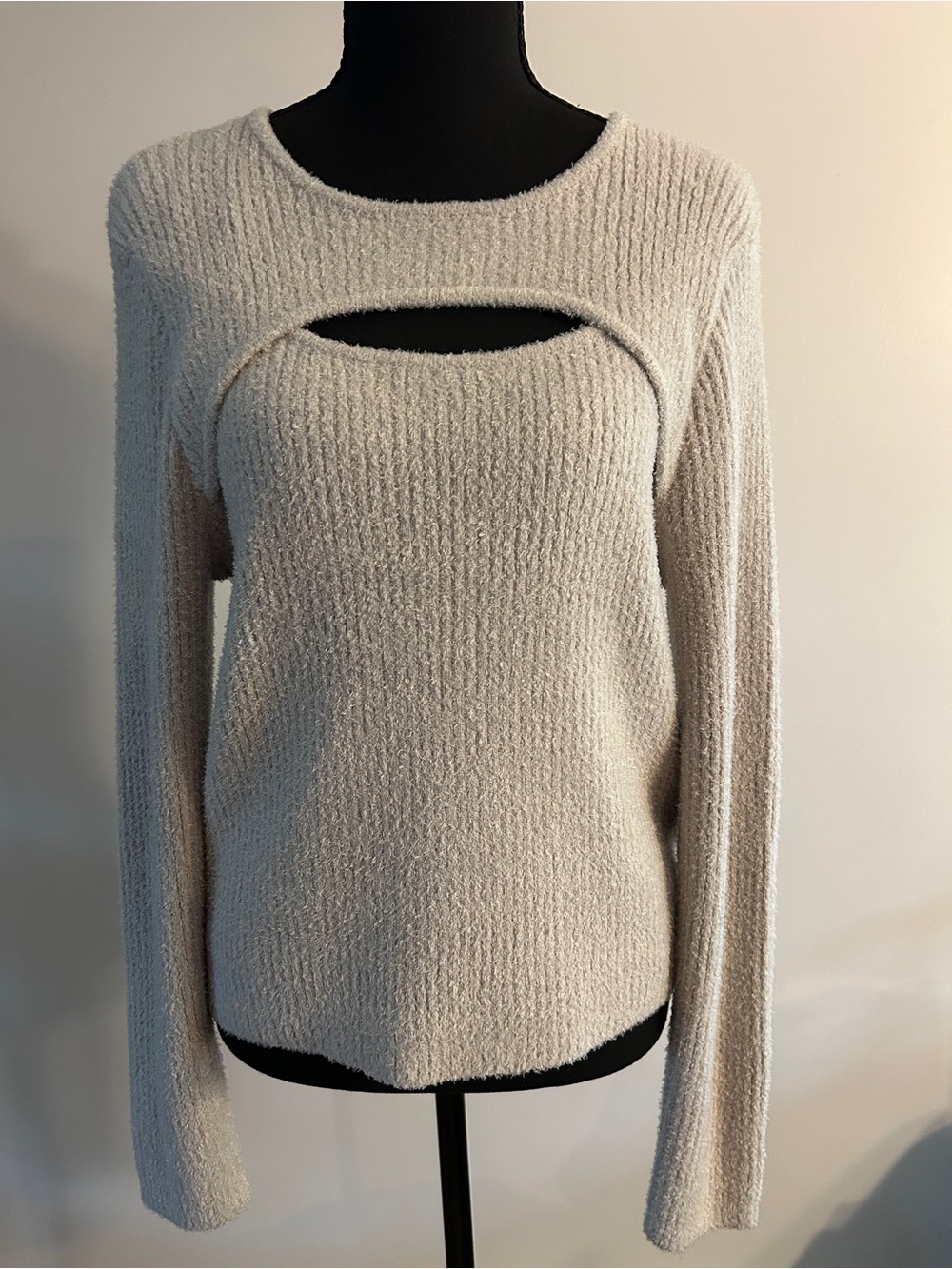 Rachel Zoe Cream Cutout Front Crewneck Sweater